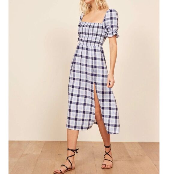 Reformation Marabella Linen Midi Dress Puff Sleeve Gingham Checkered Blue Size M - Picture 1 of 9